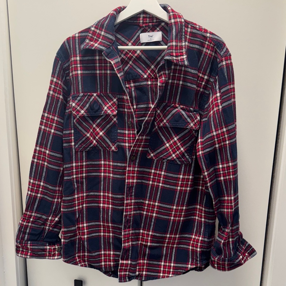 TNA Plaid Button Down Flannel Navy and Red Double Pocket Shirt